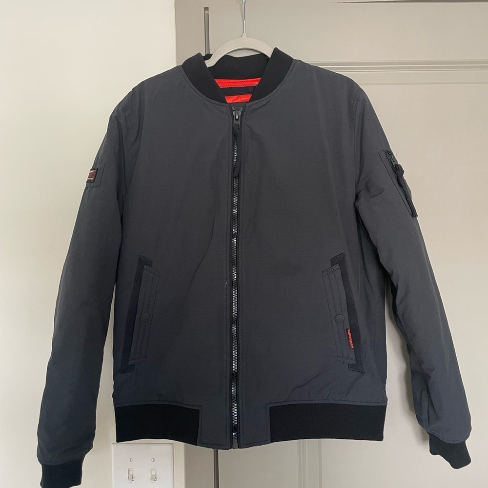 Superdry Gray Bomber Jacket Ribbed Collar Casual Style